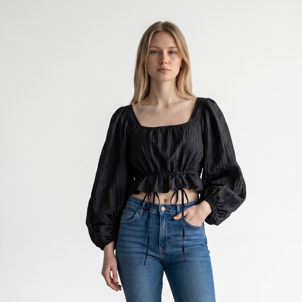 LPA Bellini Black top Balloon Sleeve backless Ruffle Crop Top Boho Small